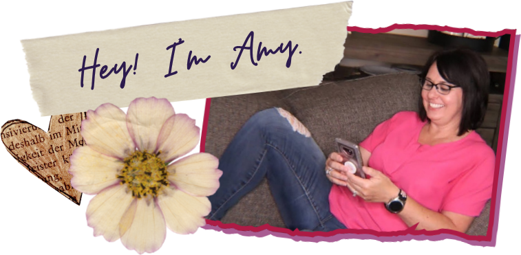 A handwritten note reading Hey! I'm Amy, next to a photo of Amy relaxing on her couch and a pressed flower